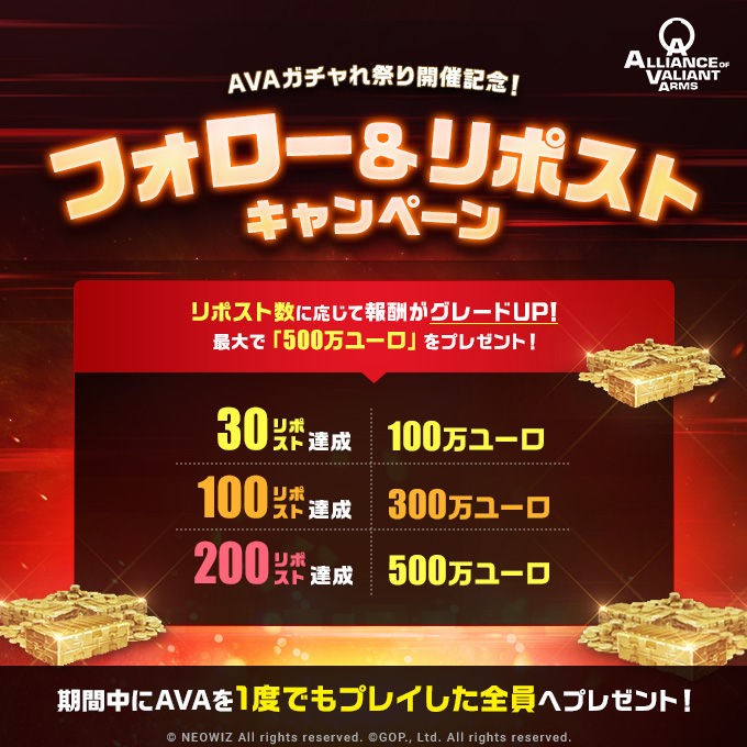 avaunei's tweet photo. 「AVAガチャれ祭り」開催記念🎊
#フォローandリポストキャンペーン を開催‼️ 

リポスト数に応じて最大「500万ユーロ」GET🔥

▼参加方法
①@avauneiをフォロー
②この投稿をリポスト🔃
③9/27～10/11の間にAVAを1回以上プレイ🔫

▽詳細
https://t.co/ukwN8a7F2D #ava_jp https://t.co/Yqj5EVmN0b