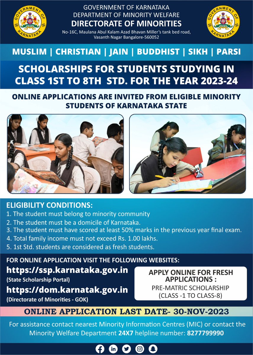 Online applications are invited from Eligible Minority students of class 1st to 8th for SCHOLARSHIP in SSP Portal 
<a href="/DOMGOK/">Department of Minority Welfare, Govt of Karnataka</a> <a href="/MinorityDeptBgk/">MWD,Bagalkote</a> 
ಎಸ್‌ಎಸ್‌ಪಿ ಪೋರ್ಟಲ್‌ನಲ್ಲಿ ಸ್ಕಾಲರ್‌ಶಿಪ್‌ಗಾಗಿ 1 ರಿಂದ 8 ನೇ ತರಗತಿಯ ಅರ್ಹ ಅಲ್ಪಸಂಖ್ಯಾತ ವಿದ್ಯಾರ್ಥಿಗಳಿಗೆ ಆನ್‌ಲೈನ್ ಅರ್ಜಿಗಳನ್ನು ಆಹ್ವಾನಿಸಲಾಗಿದೆ
<a href="/DOMGOK/">Department of Minority Welfare, Govt of Karnataka</a>