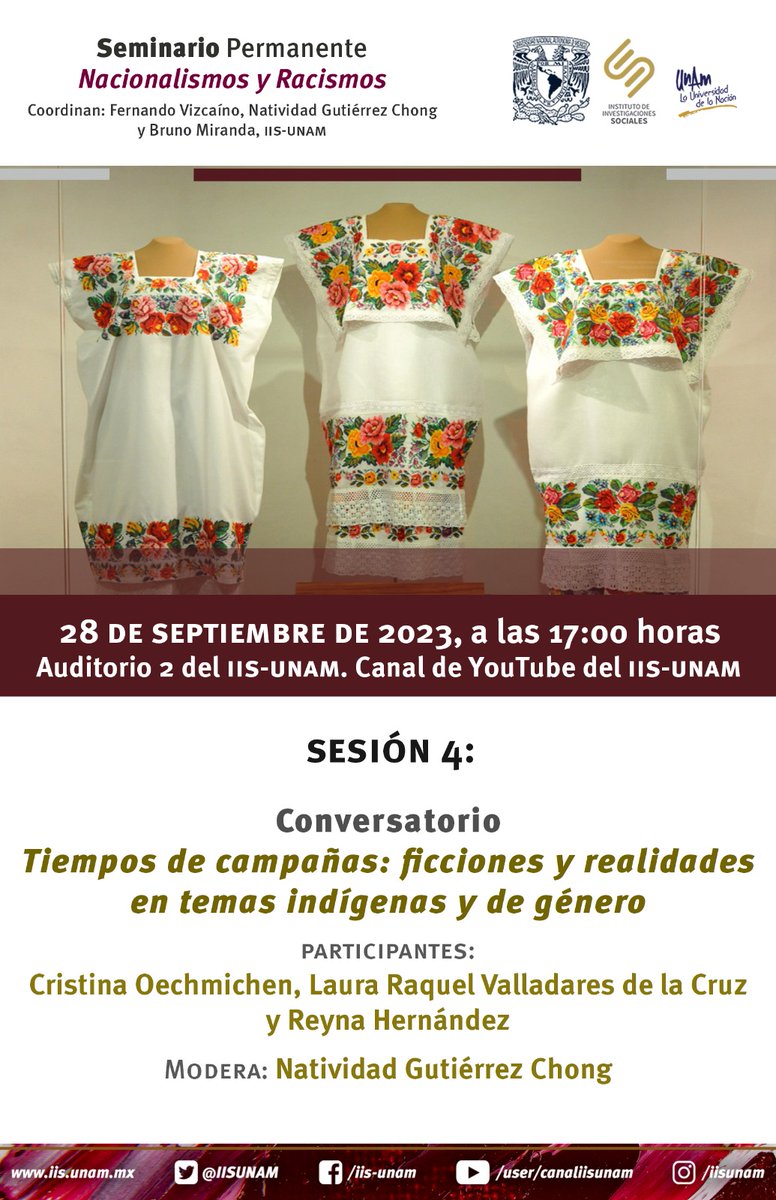 Sicetno's tweet photo. 💬 Sesión 4 del Seminario Permanente Nacionalismos y Racismos.
📆 Jueves, 28 de septiembre. 
17:00 horas.
📍 Auditorio 2 del IIS-UNAM
📺 Transmisión por el canal de YouTube del @IISUNAM
Nos acompaña @Cristinaoehmic2  y @NatividadChong https://t.co/4xWS7mnqVN
