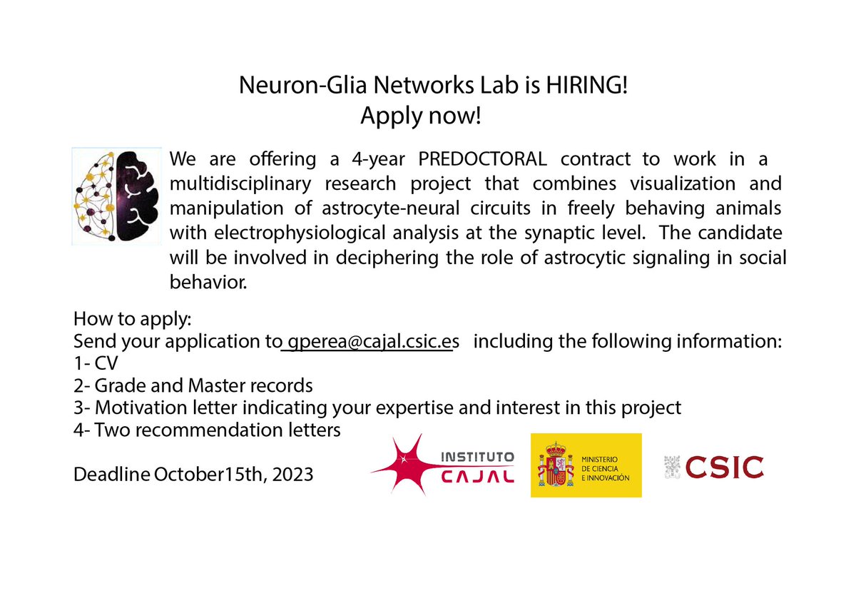 Gertru Perea (@gertruperealab) on Twitter photo Looking for a lab to develop your PhD? Motivated students this is your place! Our lab is offering a PhD contract to study neuron-glia interaction and social behavior. Deadline October 15th
Don't miss the opportunity, apply now!!
<a href="/InstitutoCajal/">Instituto Cajal-Centro de Neurociencias Cajal-CSIC</a> <a href="/SENC_/">SENC</a> <a href="/CSIC/">CSIC</a> <a href="/CSICdivulga/">CSIC Divulga</a> <a href="/fens/">Sonya Everidge</a> Looking for a lab to develop your PhD? Motivated students this is your place! Our lab is offering a PhD contract to study neuron-glia interaction and social behavior. Deadline October 15th
Don't miss the opportunity, apply now!!
<a href="/InstitutoCajal/">Instituto Cajal-Centro de Neurociencias Cajal-CSIC</a> <a href="/SENC_/">SENC</a> <a href="/CSIC/">CSIC</a> <a href="/CSICdivulga/">CSIC Divulga</a> <a href="/fens/">Sonya Everidge</a>