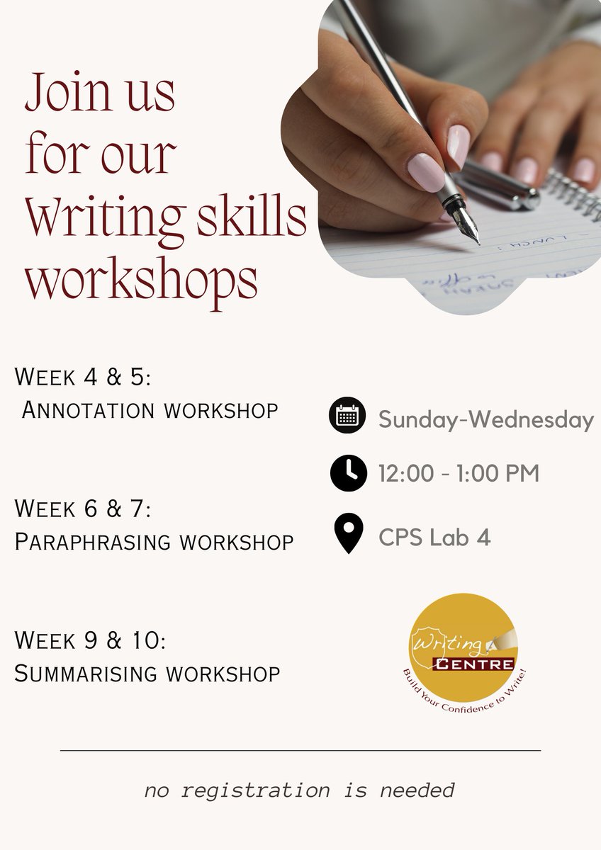 tc_wrc's tweet photo. The Writing Centre will start its workshop series on Sunday, 1st October 2023. Please check the following poster for all the details. 

Join us and improve your writing skills. https://t.co/G4tz6uPdZI