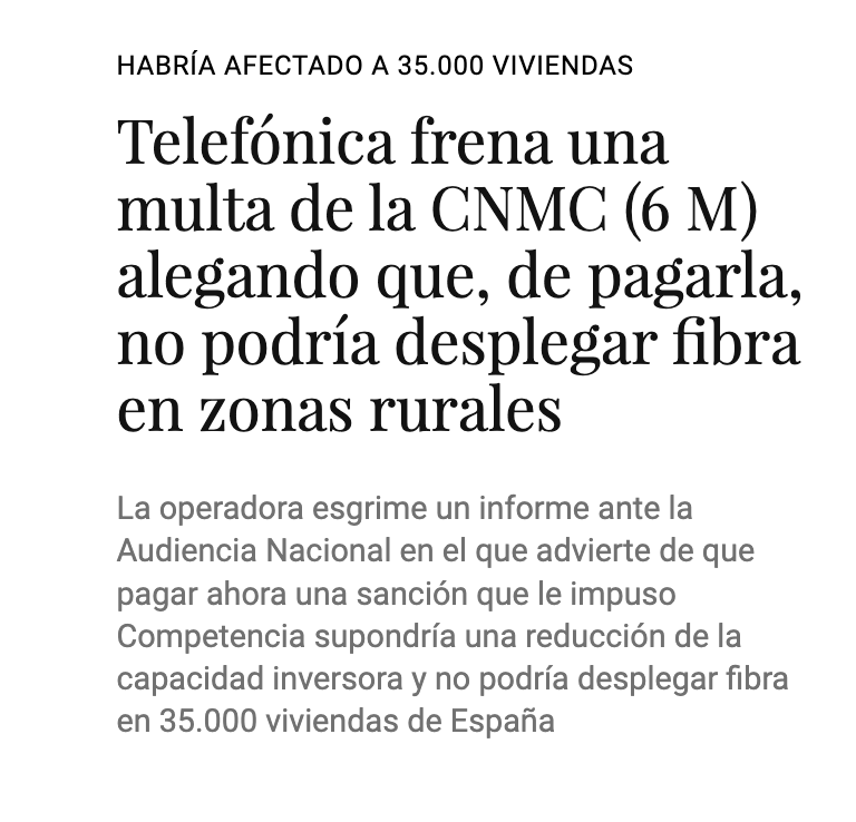 JuanLuis_JG's tweet photo. ⚠️ CNMC sancionó 6 mill€ a Telefónica por práctica anticompetitiva grave. La empresa recurrió sentencia argumentando que, si la paga, no puede invertir. Audiencia Nacional aplaza la multa.

Un detalle: Telefónica tuvo >760 millones€ de beneficios en 1er semestre 2023.

Hilo⬇️ https://t.co/KRpbPWEMoe