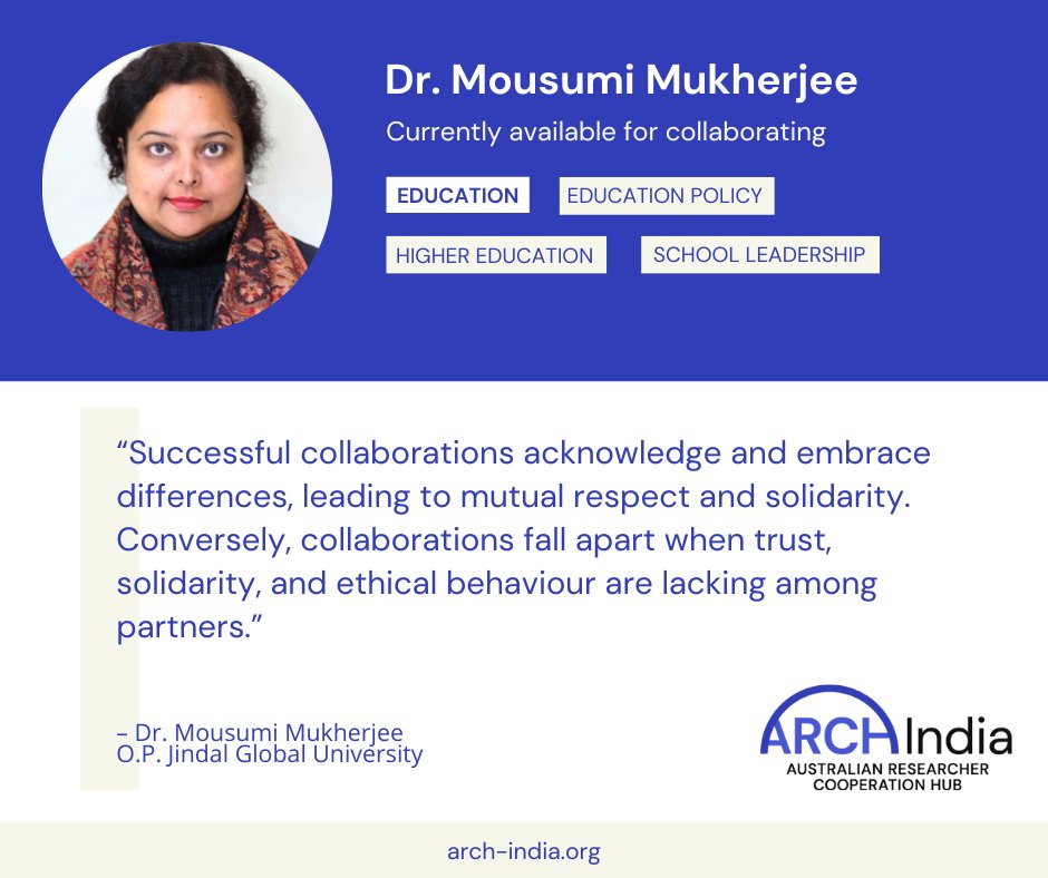 #ResearcherSpotlight on <a href="/moumukhee/">Mousumi Mukherjee</a>, Deputy Director, International Institute for Higher Education Research and Capacity Building <a href="/JindalGlobalUNI/">JGU</a>. Next month, she will take the reins as moderator as part of the <a href="/AIinstitute/">Australia India Institute</a> 🇦🇺🇮🇳Education Researcher Forums arch-india.org/news-events/26…