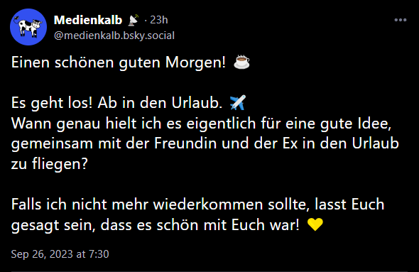 Guten Morgen!
Auch hier mal ein Update:

Wir sind gut angekommen.
Ich werde bisher gut behandelt.

Jetzt geht es ins Nachbarhotel, das Frühstücksbuffet plündern. ☕️🥐🍯🍞