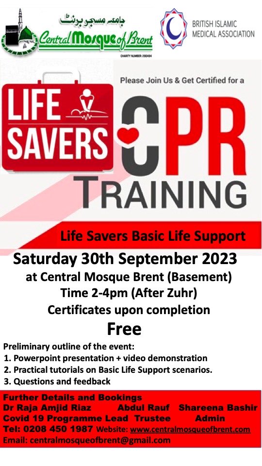Health and Medical Education Faculty will be holding CPR training on Saturday 30th September 2023 at 2pm. Everybody welcome 
Refreshments will be served