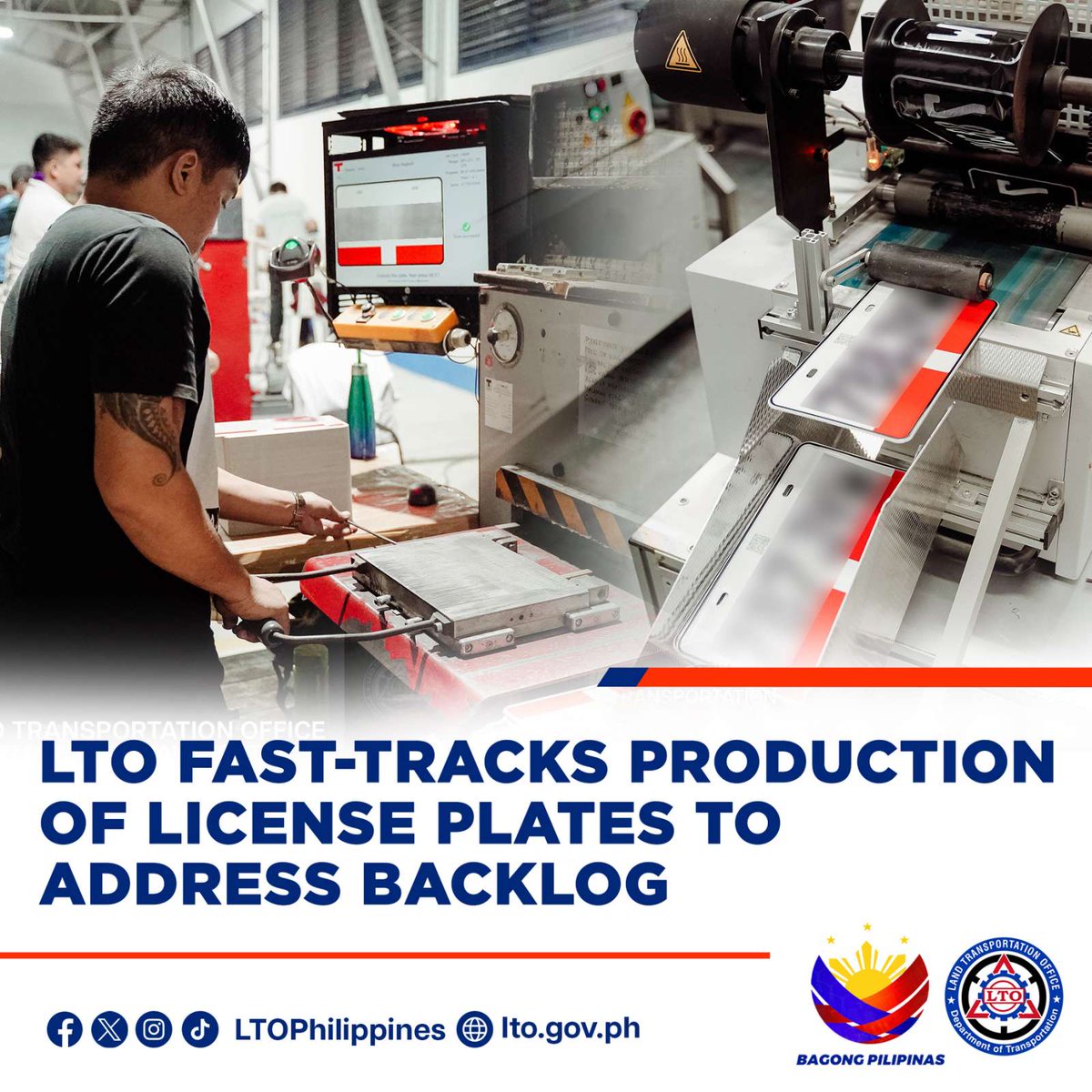 LTOPhilippines's tweet photo. The Land Transportation Office (LTO) is now fast-tracking the production of license plates in a bid to address the backlog for both the motor vehicles and motorcycles.
Read more -> https://t.co/LoBw1lUQGB
#LTOPH
#LTOPhilippines
#DOTrLTO
#WorkingLTO https://t.co/8YklsKoQUa