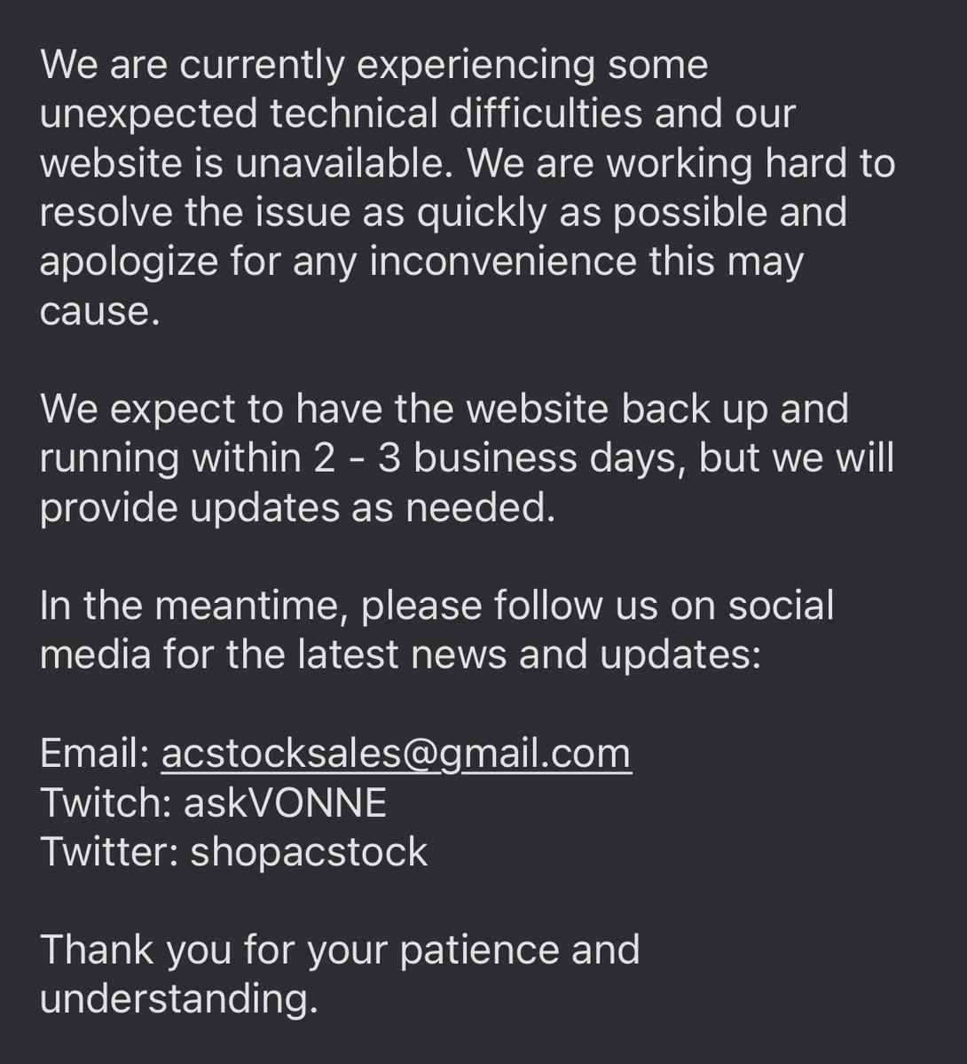 shopacstock's tweet photo. We are currently experiencing some unexpected technical difficulties and our website is unavailable. We are working hard to resolve the issue as quickly as possible and apologize for any inconvenience this may cause. https://t.co/zJOS2juuYe