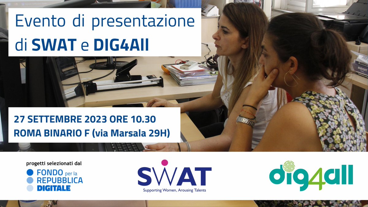 fmdigitale's tweet photo. Buongiorno a tutti!
Oggi #27settembre a #BinarioF presentiamo una nuova alleanza per il lavoro di qualità di #donne e #Neet  con i progetti #Swat e #Dig4All @InnovazioneGov e formazione personalizzata certificata #openbadge @UnivRoma3 @itlogixViterbo 
➡️https://t.co/jyoWEtH4RP https://t.co/R6ZQ83Kfa9
