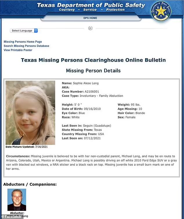 ElectricBeard_'s tweet photo. Sophie Long's father took off with her after court order handed custody to her maternal aunt

The father of Sophie Long went on the run with his daughter after custody was handed to her maternal aunt and he was banned from contacting her for 90 days, DailyMail can reveal. 

The Texas girl has been at the center of a bitter custody battle since a video showing her screaming and accusing her mother's fiancé of sexual assault went viral last August.

Her father Michael, 42, was then granted temporary custody of Sophie and her two brothers Jack, eight, and Lucas, seven, the following month. 

But Sophie's mother Kelly, 35, has denied that she was abused while in her care, and court papers reveal she was given full custody of both boys earlier this month while Sophie was temporarily handed to her aunt Danielle Hamlin.

Michael has now taken off with the 10-year-old, who was last seen at home in Seguin, Texas, on July 12, and is thought to be headed to Arizona or Mexico, according to authorities in Texas.

Speaking exclusively to DailyMail, Michael's father Jon said his son had no choice because he is terrified that she will be returned to an 'abusive environment'.

'First of all, while people don't know where Sophie is, she is safe and with Michael,' he said. 

'The reason she is not being given over to the court is to buy time for filing more court documents.

'We do not want her to go back to the abusive environment she was in. The court has attacked Michael but not addressed the drugs and sexual assault.'

Michael claims Sophie was sexually abused by her mother's fiancé Jacob Bellingham while living with them in Frisco, Texas.

He says his sons were allegedly given drugs by Bellingham and pointed to a hair test carried out last summer that showed the presence of cocaine in the older boy's body.

Sophie, who was seen screaming and accusing Bellingham of assault in a video shared online, was also given medical tests and was found to have a vaginal infection.

Her mother Kelly has denied the allegations, telling DailyMail in a statement that the situation was 'heartbreaking and terrifying', while family sources claimed Michael was 'coaching' Sophie.

New court papers obtained by DailyMail show a judge found Michael 'engaged in a knowing or intentional pattern of behavior that has interfered with the relationship' between Sophie and her mom.

The papers add: 'The court finds that based on the evidence presented, allowing the child S.L. to remain in the care of MICHAEL LONG would constitute an immediate and substantial danger to the child's physical health and/or emotional and psychological wellbeing.'

As a result, Michael was banned from contacting any of his children for three months on July 7 and ordered to pay a total of $20,000 to fund therapy for all three.

Judge Michael Snipes also ruled that the no-contact order will be extended beyond three months if Michael fails to pay up and ordered him to attend 10 therapy sessions.

In addition, Michael was barred from contacting his former wife and her family in any way; and is specifically prohibited from making threats to them. 

He was also banned from 'hiding or secreting the children in any way' and 'placing a telephone call, anonymously, at any unreasonable hour, in an offensive and repetitious manner, or without any legitimate purpose of communication with the intent to annoy or alarm the other party.' 

Sophie, meanwhile, has been ordered to take part in family reunification therapy with her mother while living with her aunt Danielle Hamlin.

Hamlin has been handed complete control over every aspect of Sophie's life, including decisions on schooling and medical care.

Michael has now filed a mandamus petition to try to overturn the no-contact order and custody award, which was presented with a notarized cover sheet marked Richmond, Virginia.

-Ruth Styles

👉🏼 Follow for more interesting context on your favorite 𝕏 memes and viral videos