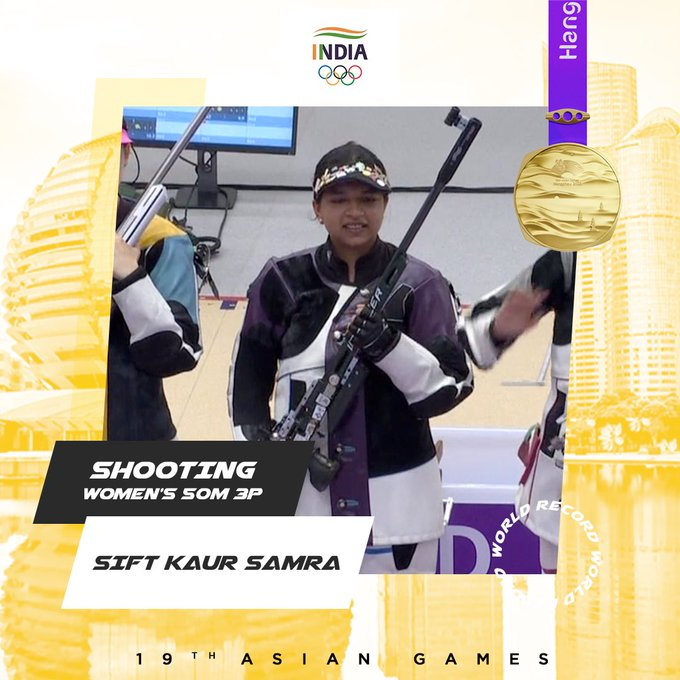 GujaratiDailyT's tweet photo. Another GOLD MEDAL 🏅
Congratulations Sift Samra on winning Gold Medal in 50m Rifle 3P (Shooting) with a WORLD RECORD
#IndiaAtAsianGames #BharatAtAG22 #AsianGames #AsianGames2023 #TeamIndia #Cheer4India #Shooting #SiftSamra #IndiaAtAG https://t.co/5M9nCPPU8G