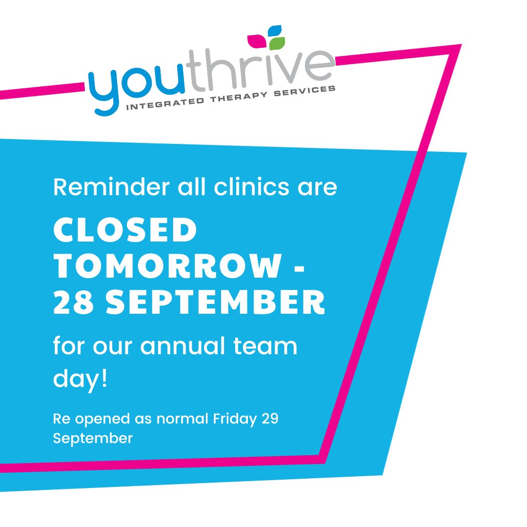 A reminder that all Youthrive clinics will be closed tomorrow - 28 September - for our annual team day!

We will be open as normal Friday 29 September. 

To book an appointment visit: youthrive.com.au