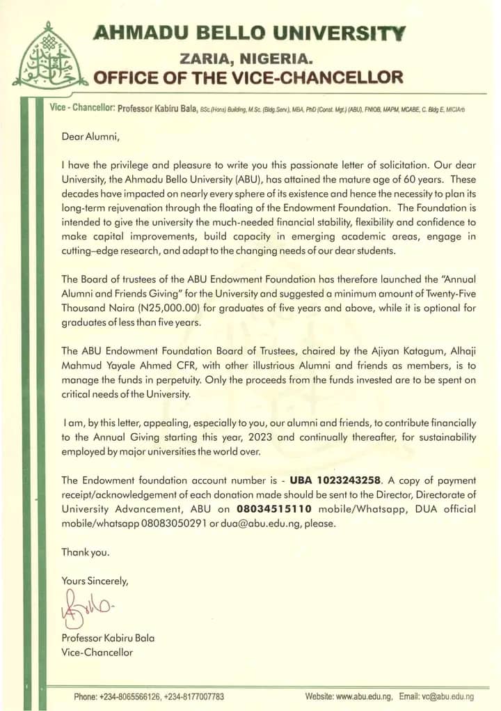 kjadogbo's tweet photo. Dear Ahmadu Bello University Alumni FYI&amp;NA The Endowment foundation account number is - UBA 1023243258. https://t.co/tIBNrrBwGD