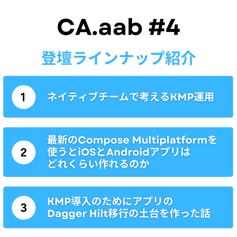 ca_developers's tweet photo. ／
📣テーマはKMP！登壇タイトル発表
＼

サイバーエージェントの
Androidエンジニアのための勉強会
◤ CA.aab #4◢

⏰10/5 (木) 19:30〜
📍渋谷スクランブルスクエア（東京/渋谷）

オンライン・オフライン同時で開催！
オフラインでは懇親会も予定しています

まだまだご参加申込み受付中です‼️