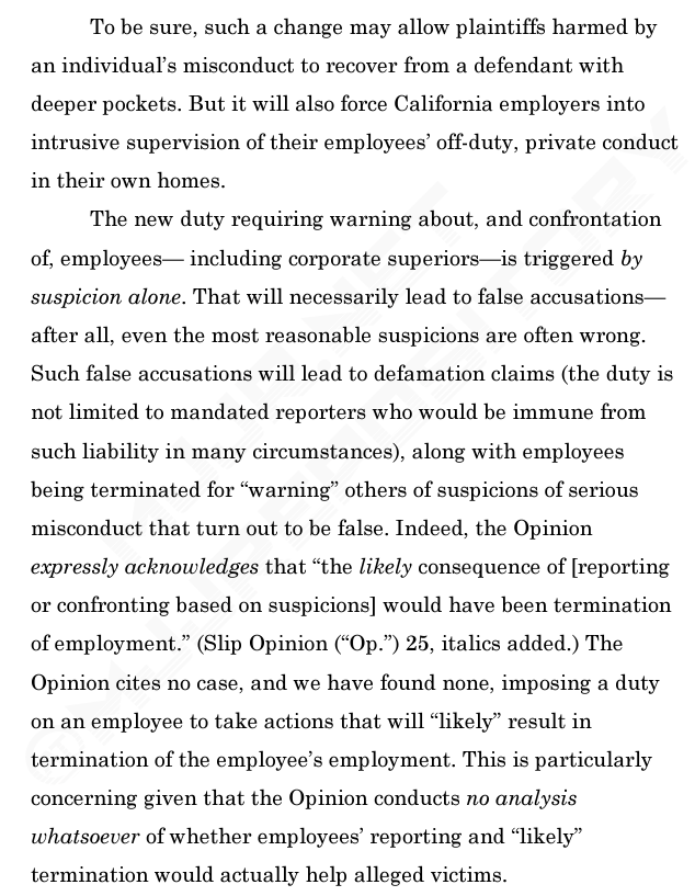 "Whether corps have a duty to police &amp; warn others about their employees' off-hours conduct, unrelated to their employment is a critical issue w/ sweeping, statewide implications."

"...will force employers into intrusive supervision of their employees’ off-duty private conduct."