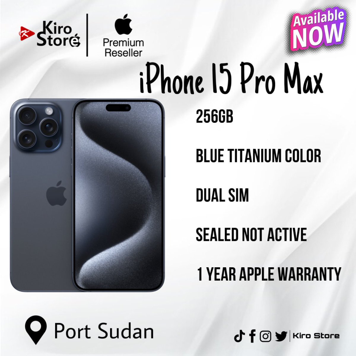 Available Now to Order!!🔥🔥🔥

iPhone 15 Pro Max 
256GB 
Titanium Blue Color
Dual SIM
Sealed New Not Active!
Port Sudan available!
Mbok Payment Only!

Order Today!
Place your order Today with us through:
- instagram
- Twitter (X)
- Whatsapp
- Threads