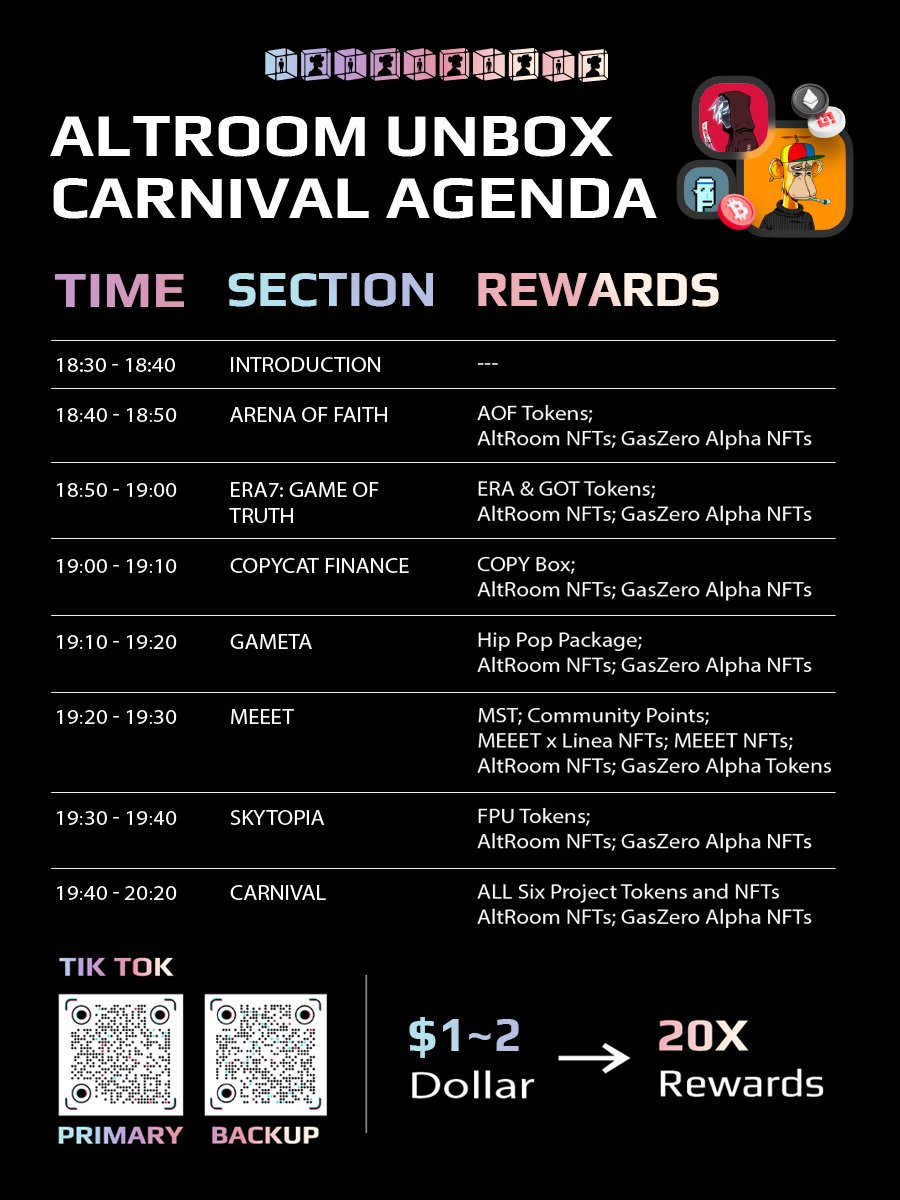 AltroomTeam's tweet photo. 📢Are you guys ready for tonight's Unboxing Carnival? Here is the agenda! 

Make sure you get your TikTok installed and topped up to get 20x rewards💣🧨

See you tonight at 6:30!

#NFT #Vtubers #unboxing #GameFi #SocialFi https://t.co/BeY2QgATNF