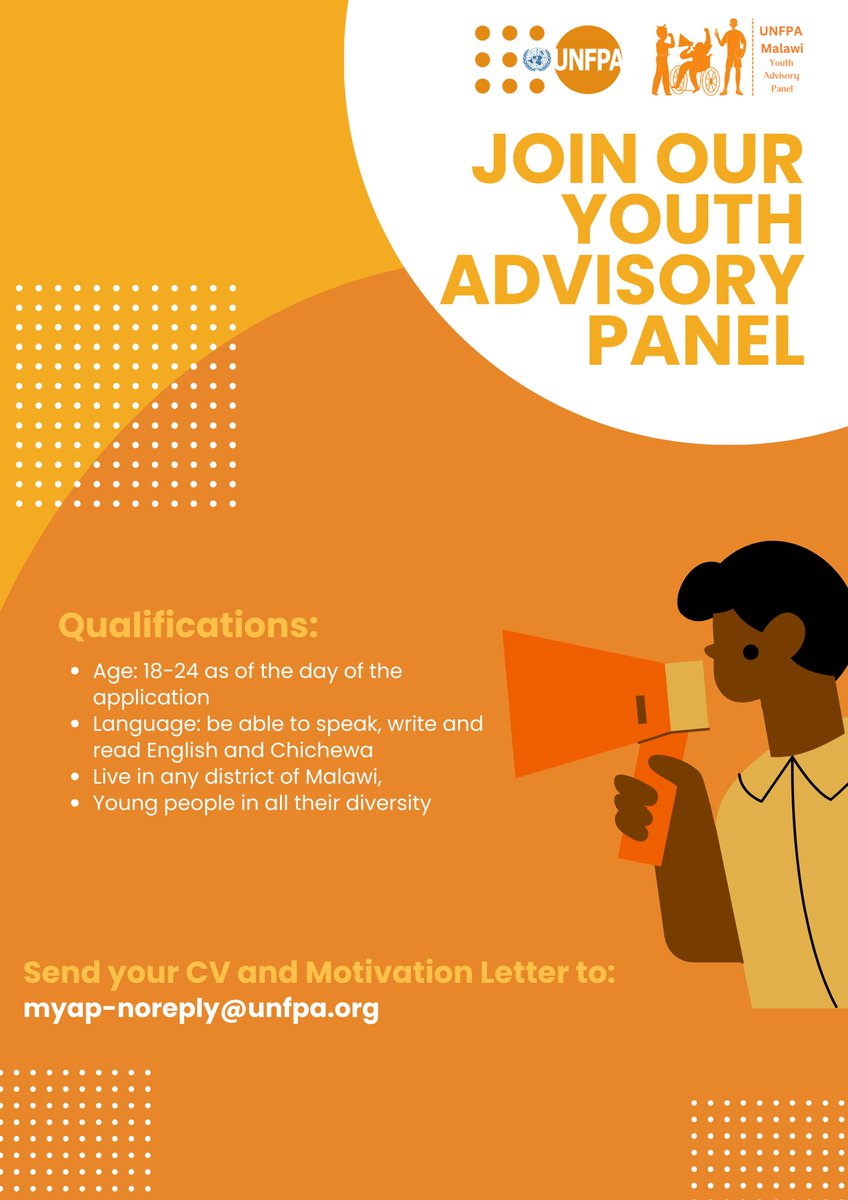 UNFPAMalawi's tweet photo. Are you the one? 
Click the link below for more details:
https://t.co/g9FIXzZNNm
#youthadvisorypanel https://t.co/foK1MIhzST