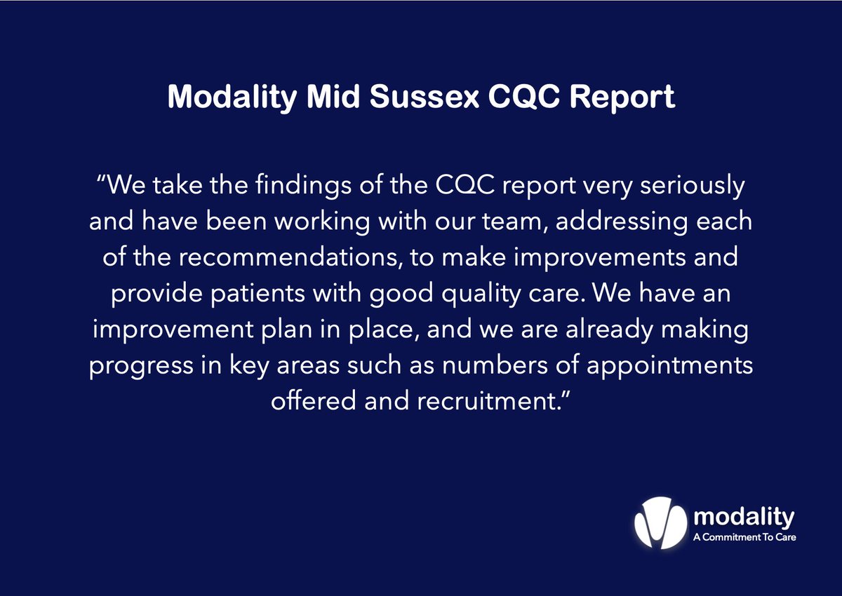 ModalityMidSuss's tweet image. We want to inform you about the recent inspection by the CQC at Modality Mid Sussex. The CQC has identified areas in need of improvement, & we are committed to enhancing our services to provide the highest quality care to our patients. Full statement - tinyurl.com/495xuf3b