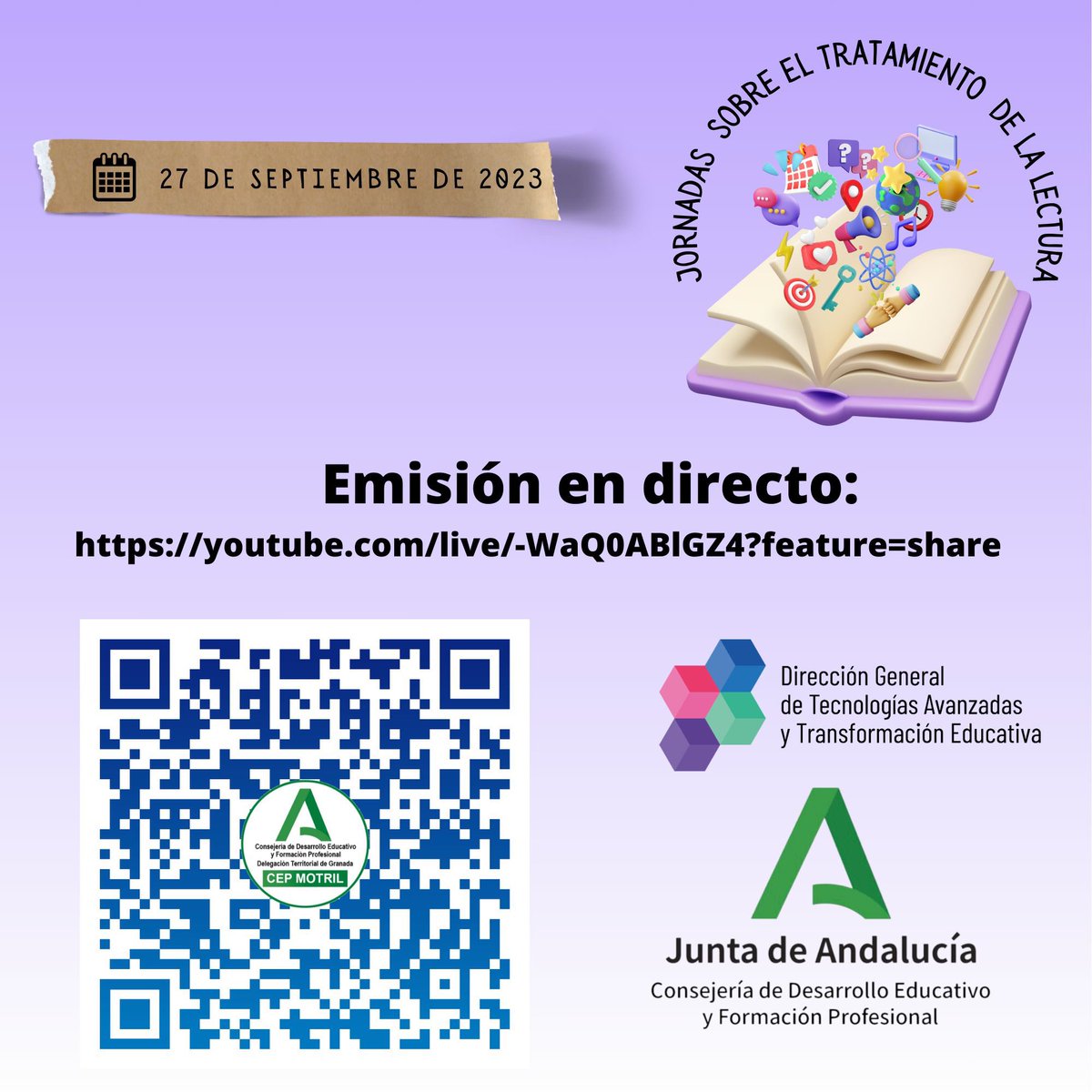 JORNADAS SOBRE TRATAMIENTO DE LA LECTURA 

En la imagen aparece un código QR para conectarse, así como a través del siguiente enlace.

youtube.com/live/-WaQ0ABlG…