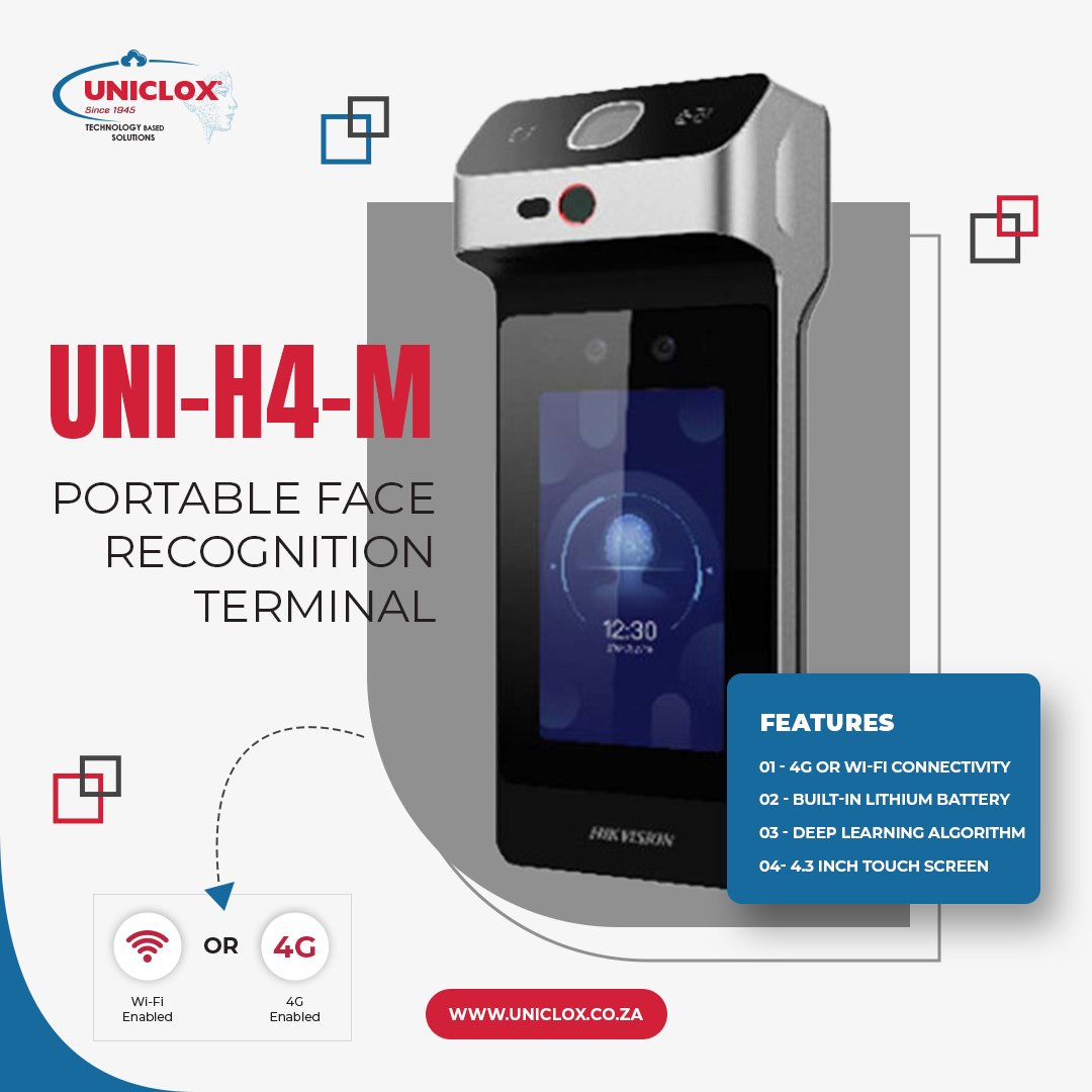 The Uni-H4-M is a portable face recognition terminal with a built-in battery, making the device load shedding friendly.
🌐: uniclox.co.za/our-products/c…
#accesscontrol #software #biometrictimeclock #timeandattendance #facialrecognition #hr #payroll