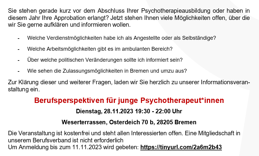 DPtVBremen's tweet photo. Einladung zu unserer Veranstaltung für junge #Psychotherapeut_innen in und um #Bremen und an alle, die Lust haben, nach Bremen zu kommen.

Psychotherapeut*innen werden in der Region dringend gebraucht.

https://t.co/aBRMC6esyv https://t.co/NlWwJljvZ3