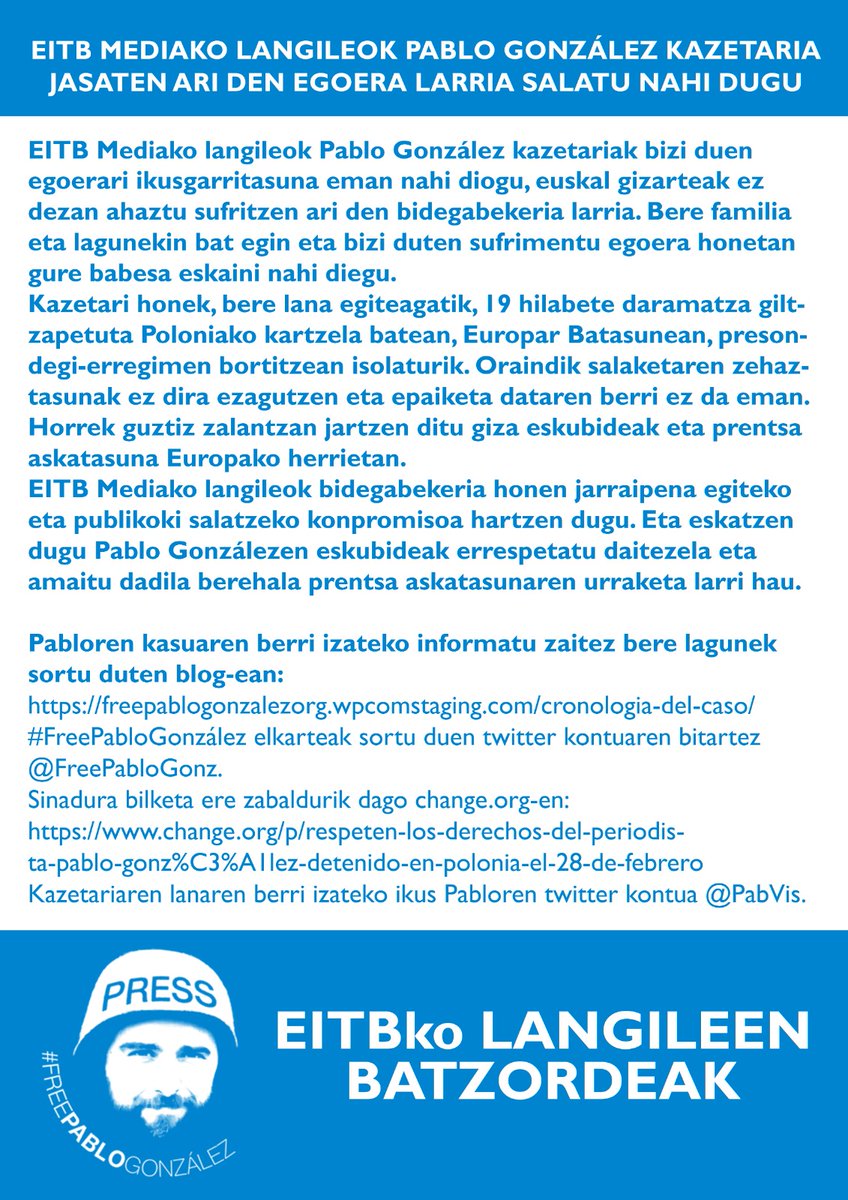 📢 BIHAR ELKARRETARATZEA
⏰ 11:00 Bilbon
⏰14:45 Miramonen

<a href="/FreePabloGonz/">#FreePabloGonzález</a> 
@eitbNoticias 
<a href="/euskaltelebista/">ETB</a> 
<a href="/enjakeETB/">enjakeETB</a> 
<a href="/Xlapitz/">https://bsky.app/profile/xabierlapitz.bsky.social</a> 
<a href="/AneIrazabal/">Ane Irazabal</a> 
<a href="/mikelayestaran/">mikel ayestaran</a> 
<a href="/OlatzUrkia/">Olatz Urkia</a> 
<a href="/amaiaetxetxa/">AmaiaEtxezarretaAnsa</a> 
<a href="/olatzarrietab/">olatz arrieta</a> 
<a href="/ydiazikaran/">Yerai Diaz Ikaran</a>
<a href="/arantxipadilla/">Arantxi Padilla</a>
<a href="/xmadariagai/">Xabier Madariaga Idirin</a>
@aAneRoteta
<a href="/ANEIBARZABAL4/">ANE IBARZABAL</a>