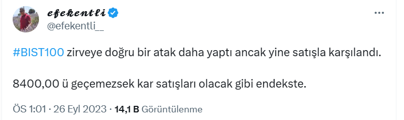 Dün öğlen saat 13:00 de #BIST100 için yapmış olduğum yorumda 8400,00 direnç seviyesinin ikinci kez denendiğini ve geçilemediğini bu sebeple kar satışları olabileceğini yazmıştım.

Seansın ikinci yarısında saat 14:00 den sonra gelen satışlar BIST100 ün 16:00 dan sonrada vadeli
