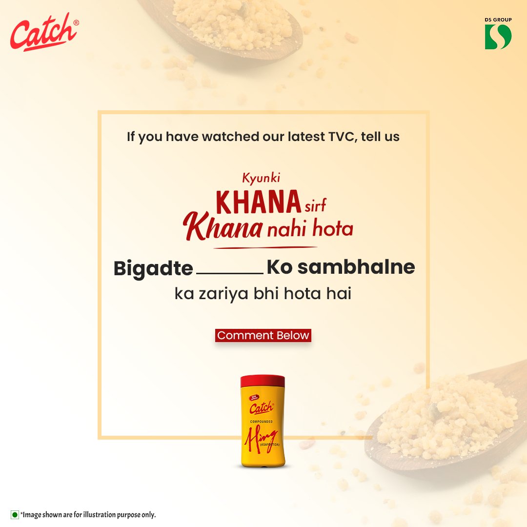 catch_foods's tweet photo. Fill in the blanks if you’ve watched our latest TVC!
#KyunkiKhanaSirfKhanaNahiHota

#CatchFoods #IndianFood #Cooking #Craving #Food #Khushboo #Film #NewFilm #Hing #CatchHing #Engagement #Comment https://t.co/s09jAGO5WP