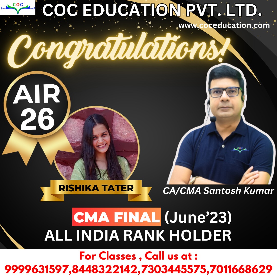 cacmasantosh's tweet photo. COC Education's Student Got AIR 26 !!!!
Rishika Tater Got AIR 26 Studying From COC Education !! Congratulations CMA Rishika For Clearing Your CMA Final Exam And Becoming a CMA !!!
#CMA #CMARESULT #coceducation #cacmasantoshkumar #Santoshkumar #AIR #cmafinal https://t.co/JEBIWRbrlU