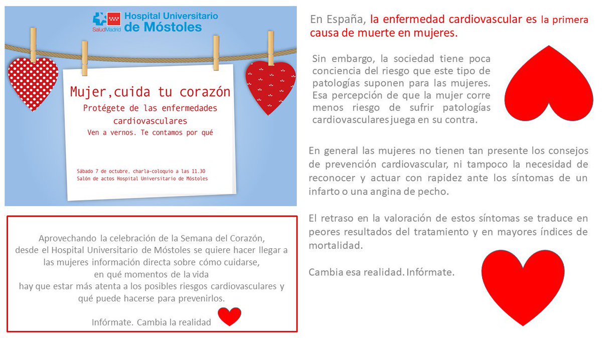 Run4fun4health's tweet photo. La enfermedad cardiovascular es la primera causa de muerte en #Mujeres . Cambiemos la realidad con Información y prevención. Mujer, cuida tu corazón. Protégete de las enfermedades cardiovasculares. #HospitaldeMóstoles. https://t.co/oWsDJIMciq