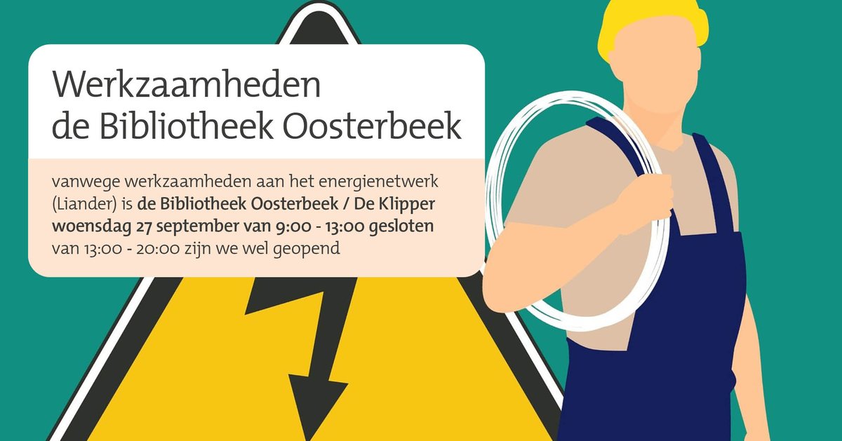 Vanwege werkzaamheden aan het energienetwerk (Liander) is de Bibliotheek Oosterbeek / De Klipper vandaag, woensdag 27 september, van 9:00 - 13:00 gesloten. Van 13:00 - 20:00 zijn we wel geopend.