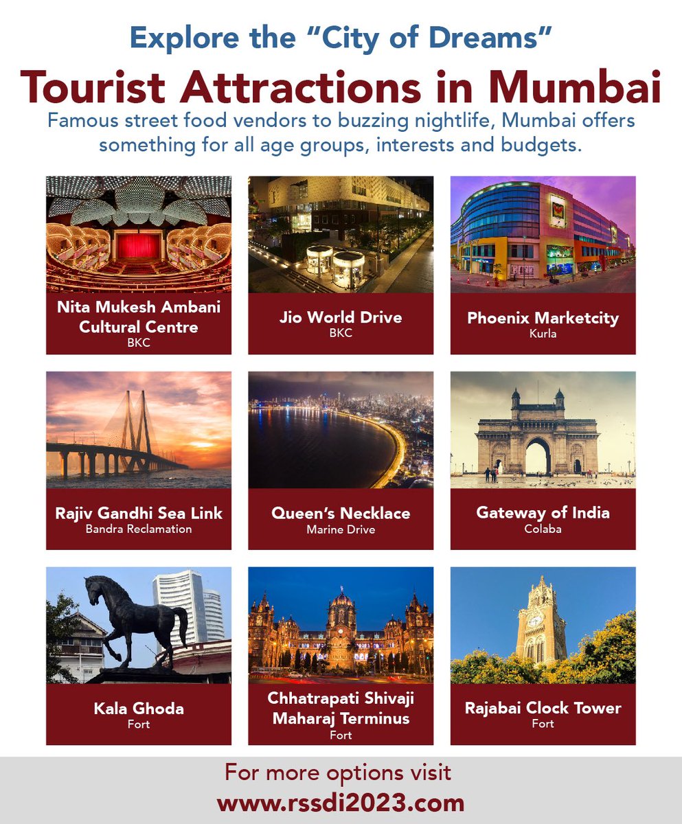 rssdi2023's tweet photo. @RSSDI2023-Explore the “City of Dreams” 
Tourist Attractions in Mumbai

Famous street food venders to buzzing nightlife, Mumbai offers something for all age groups, interests and budgets!! 

#events #rssdi2023 #eventmarketing #eventplanning #diabeteskamahakumbh #medivisionevents https://t.co/L5TEguVRYS