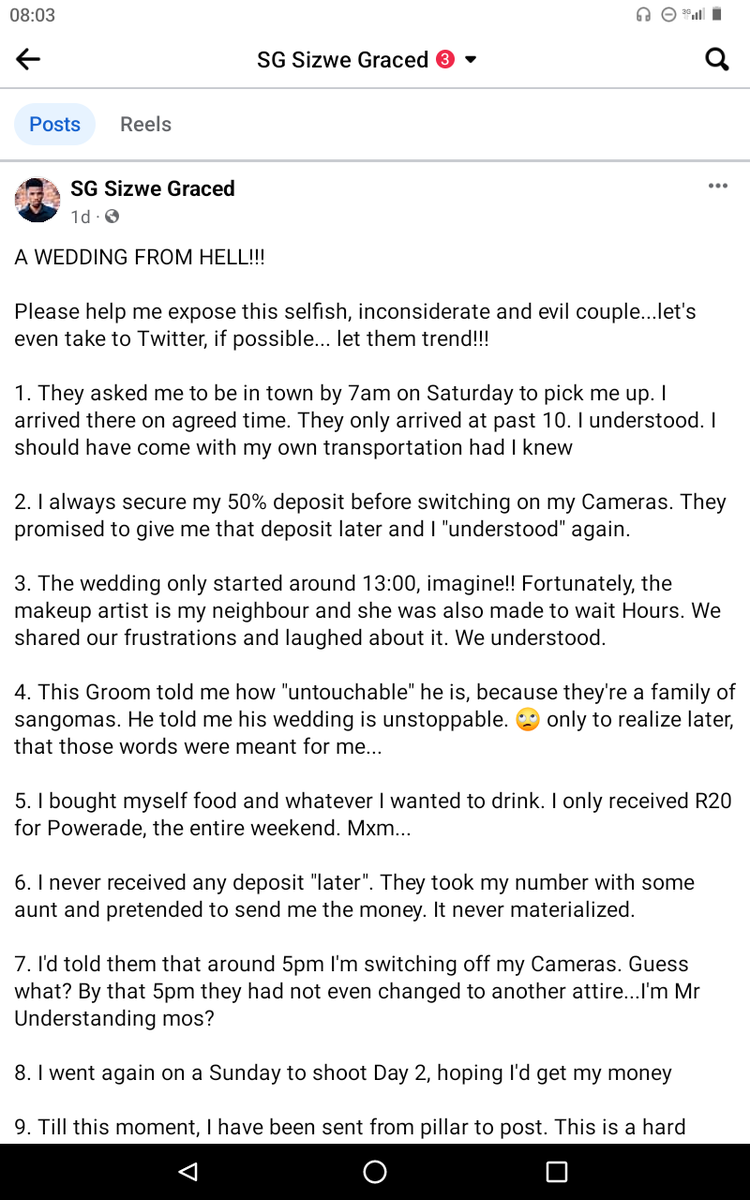 Sizwe_Graced's tweet photo. A WEDDING FROM HELL!!!

I was exploited over the weekend. Worked for mahala. Help make this trend...

#GiveMeMyMoney #TKandBoitumelo https://t.co/pEo0KaTt6m