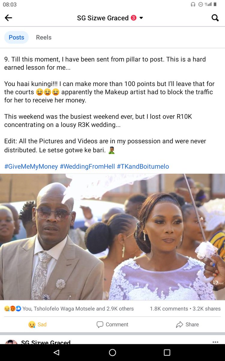 Sizwe_Graced's tweet photo. A WEDDING FROM HELL!!!

I was exploited over the weekend. Worked for mahala. Help make this trend...

#GiveMeMyMoney #TKandBoitumelo https://t.co/pEo0KaTt6m