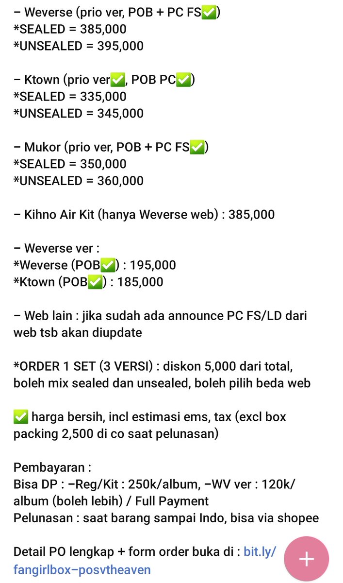 FangirlBox's tweet photo. HELP RT🙏
[OPEN PO]
SEVENTEEN - ALBUM : HEAVEN REG, KIT, WEVERSE VER SEALED &amp; UNSEALED

💙WEB SEMENTARA: Weverse/Ktown/Mukor
✅Prio ver
✅POB+PC FS

Harga⬇️
✅DP/Full Pay

Form order: https://t.co/dFyTUZNcRr

Close PO:
- Reg Wv/Mukor: 04/10
- Reg Ktown/Kit/Wv ver : 21/10

📦 SBY https://t.co/TxnhsGa4kf