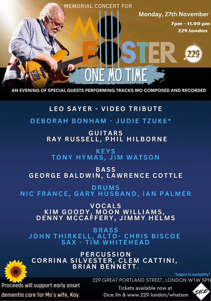 British bass legend Mo Foster will be remembered by many of 🇬🇧 finest musicians for ‘One Mo Time’ in November <a href="/229london/">229</a> Tickets are selling fast!
#bassplayer #musician