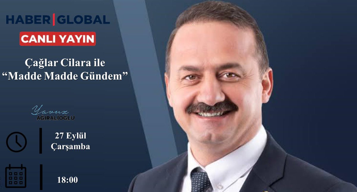 🗓️ 27 Eylül Çarşamba (bu akşam)

⏰ 18.00'da,

📺 <a href="/HaberGlobal/">Haber Global</a> ekranlarında, <a href="/caglarcilara/">Çağlar Cilara</a> ile #MaddeMaddeGündem programına konuk olacağım.
