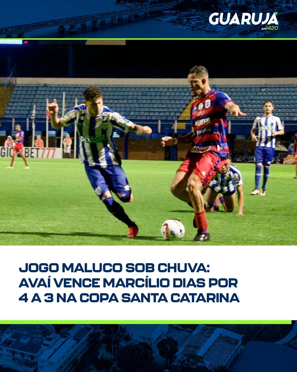 Em um jogo marcado por chuva intensa, sete gols e duas viradas, o Avaí conquistou uma vitória por 4 a 3 sobre o Marcílio Dias, em partida válida pela quarta rodada da Copa Santa Catarina. O duelo foi verdadeiramente "maluco", especialmente nos primeiros 25 minutos da partida.