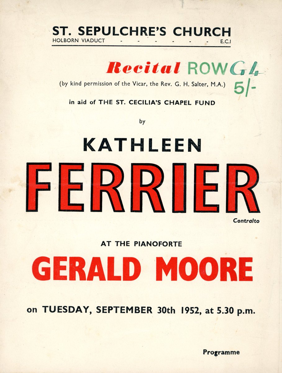 On this day in 1952 Kathleen Ferrier and Gerald Moore gave a recital in @HolySepulchreUK, the National Musicians ' Church, to raise funds for The Musicians' Chapel. Here is the programme from our archive: