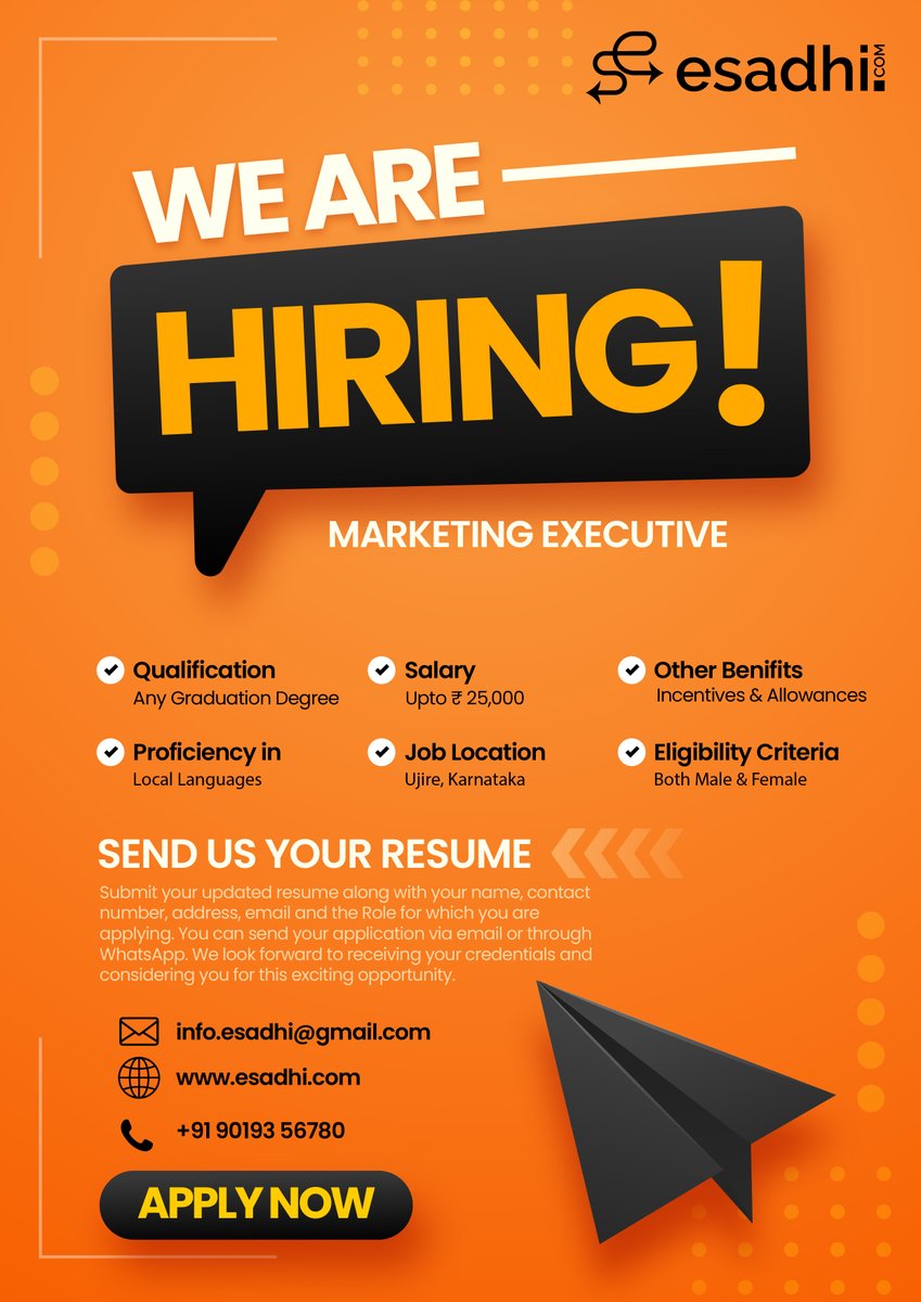 Hello folks!
.HIRING !!!
We are Urgently looking for a Marketing person for Corporate Network Marketing Production Company (All Digital Marketing Product)
Detail criteria mentioned below.
Hurry and Apply Now!
Location : All Over karntaka.
Email Cv's to: connect@esadhi.com