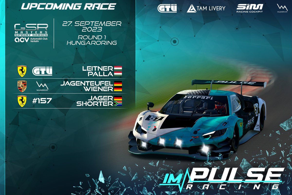 ImpulseRacing__'s tweet photo. GSR Masters finds its way back on our series list.
Round 1 tonight at the Hungaroring 🇭🇺

📺https://t.co/DdbhvAxIB7

#weareimpulse #gsrmasters https://t.co/jvNPVWcoPD