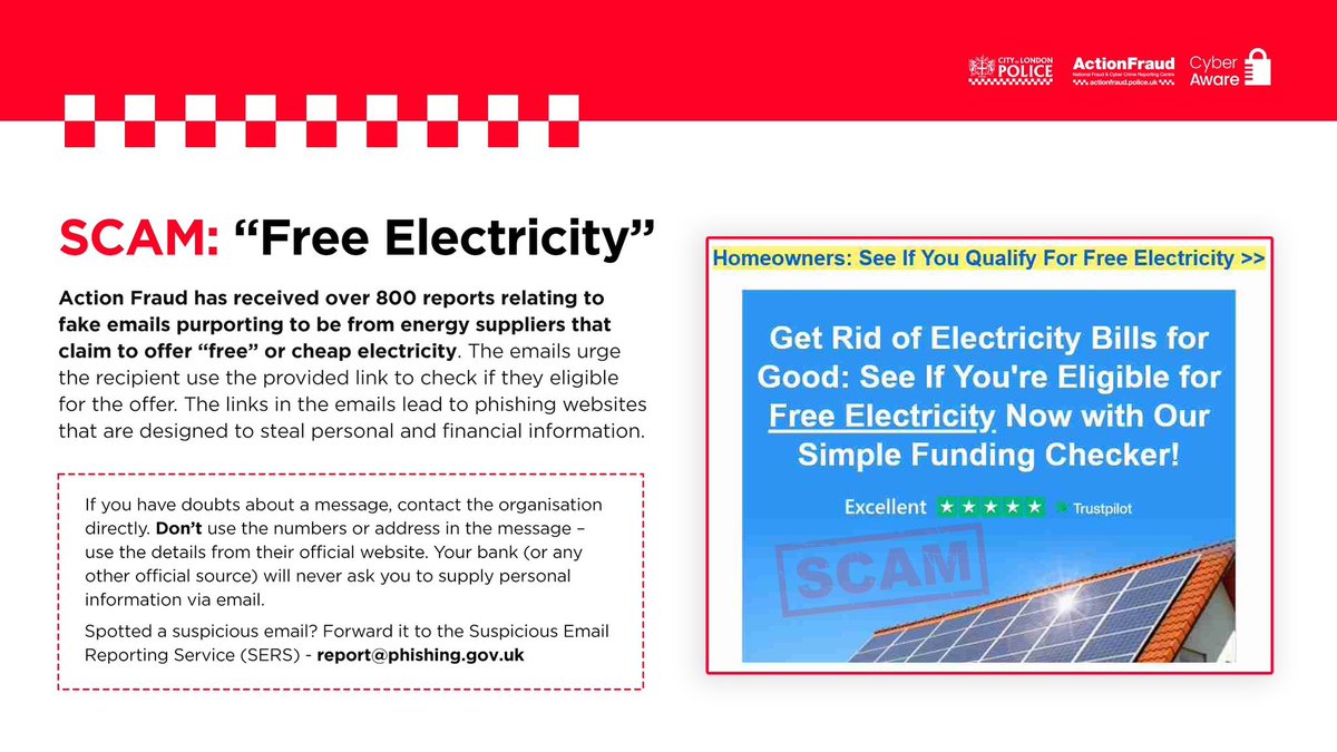 ⚠️SCAM: Watch out for these FAKE emails claiming to offer you free or cheap electricity.

Have you received a suspicious email?

✅ Forward it to: report@phishing.gov.uk
ℹ️ Your reports have led to the removal of 242,000 malicious websites as of June 2023.