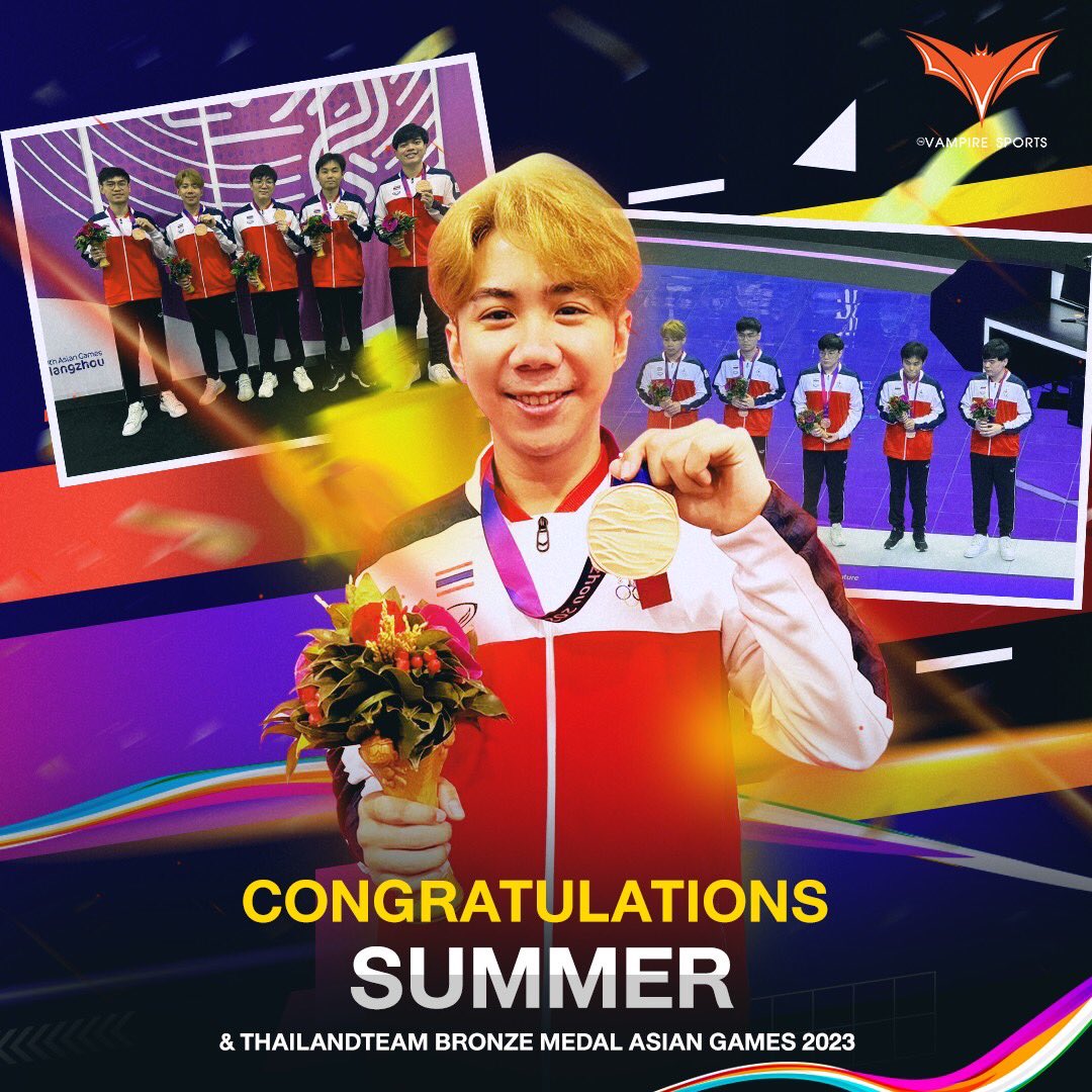 VPEesportsth's tweet photo. Congratulations
“𝗦𝗨𝗠𝗠𝗘𝗥” วัชรนันท์ ถาวร และเพื่อนร่วมทีม AO Thailand team กับการคว้าเหรียญทองแดงในศึกAsian games 2023 ครั้งนี้ด้วยครับผม
🔥🇹🇭🦇🥉
#VPE #PUBGMOBILE #HOK
#Asiangames2033 #Summer
#SchwepXz #Rvenclaw #TonyK #FTH #Noozy #Stoned
#WeFightTogether #NeverGiveUp https://t.co/YaIAkNHZ0Z