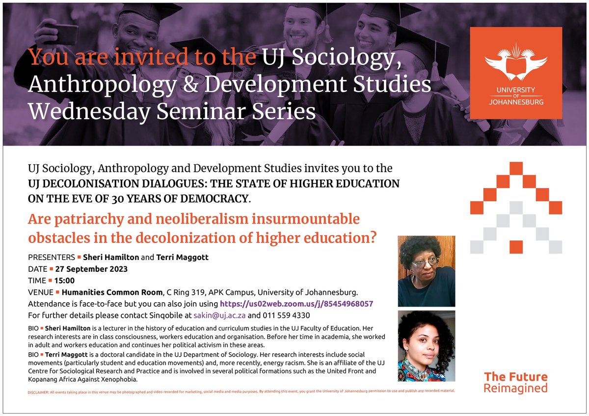 CSRPUJ's tweet photo. Join us for this seminar: Are patriarchy and neoliberalism insurmountable obstacles in the decolonization of higher education?

Presenters: Sheri Hamilton &amp; Terri Maggott
Date: 27 September 2023, 15:00
Zoom:  https://t.co/hJKhcpXMZw https://t.co/HMMlsrSAOH