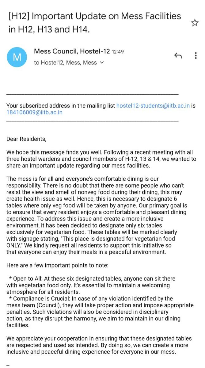 AppscIITb's tweet image. First there were &quot;vegetarian only&quot; posters, that the iitb admin had awkwardly termed as &quot;unauthorized&quot;, after protest by students. Then there was an unending delay in removing those. And now the admin has officially declared some tables in the mess as &quot;for vegetarian food ONLY!&quot;