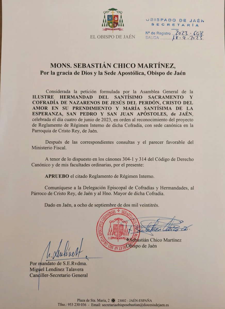 HdadPerdonJn's tweet photo. EL OBISPO DE JAÉN APRUEBA EL NUEVO REGLAMENTO DE RÉGIMEN INTERNO DE LA HERMANDAD.

Con alegría, queremos informar de que el pasado lunes recibíamos el decreto episcopal de aprobación del reglamento de régimen interno de la Hermandad, firmado por el Obispo de la Diócesis de Jaén. https://t.co/AU0N8qe0UL