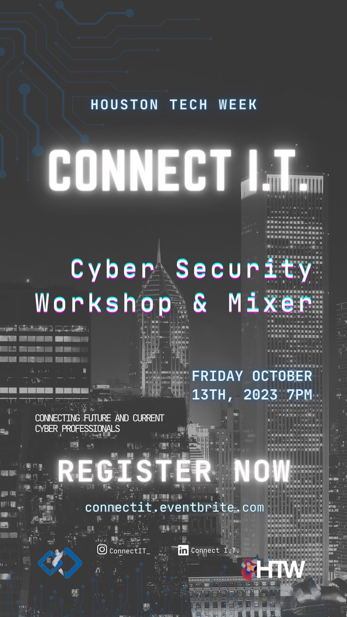 HTXTechWeek's tweet photo. Spooky season is just around the corner but don’t worry this isn’t a trick! We are teaming up with Connect I.T. to bring you a wonderful treat! Join us for a cyber security workshop and mixer on Friday, October 13th. Act fast before all seats are reserved!! 🚀🚀🚀

#HTW🚀 https://t.co/47i1YDUudA