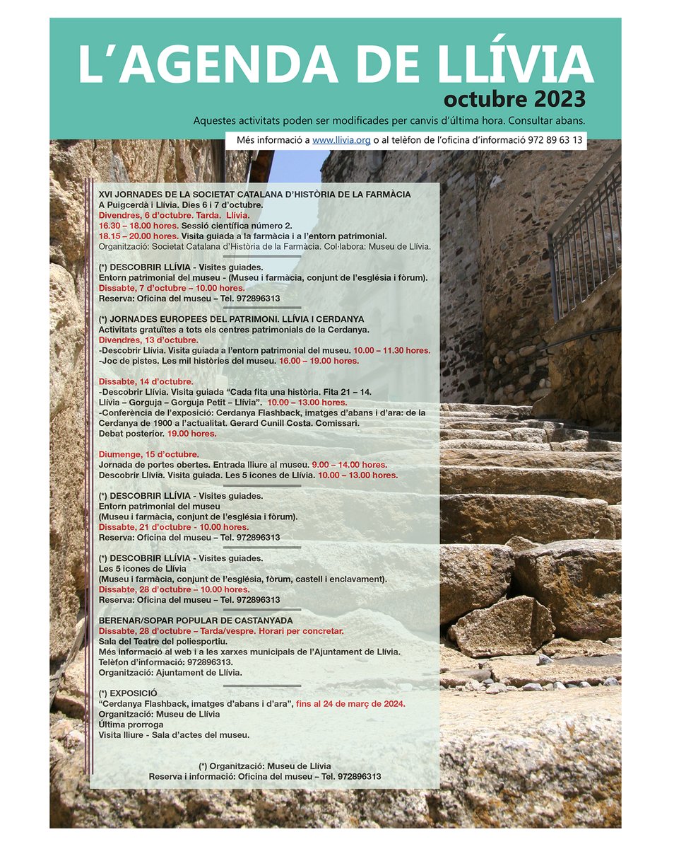 Aquesta és l'agenda de les activitats que es faran a Llívia, aquest octubre. Més a http://llivia.orgEnllaç d'interès: museullivia.net #Llívia #Cerdanya #agenda #cultura #visites #patrimoni #museu #octubre23 #programa #jornades #farmàcia #patrimoni #castanyada23