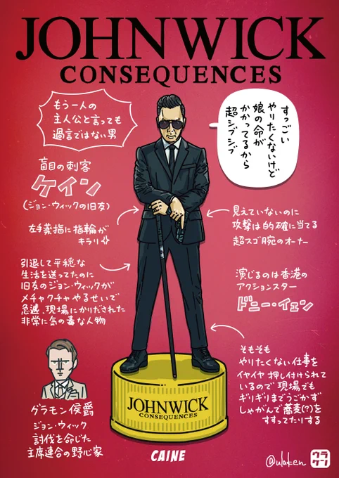 ジョン・ウィック4もとい、『#ジョン・ウィック:コンセクエンス』の面白さは、ドニー・ウェン演じる盲目の刺客ケインの魅力が40%くらいしめてると思う。基本嫌々だから、ギリギリまでしゃがんで蕎麦だかうどんだかを啜ってる姿がたまらなく良い。   #JWファンアート