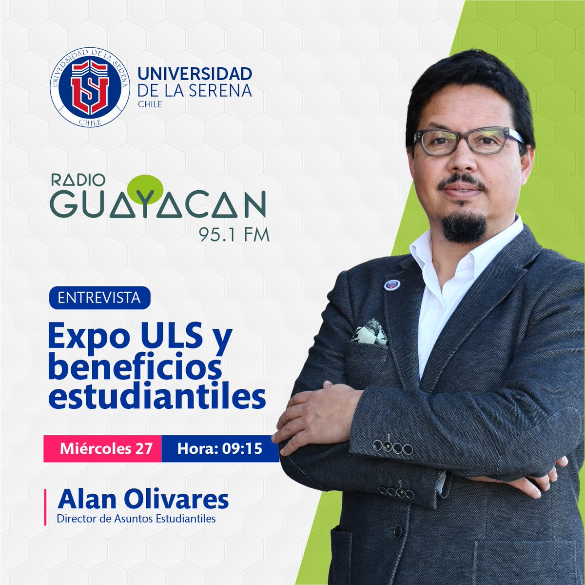 userena's tweet photo. 🎙️📱[HOY] El Director de Asuntos Estudiantiles #ULS, Alan Olivares, conversa con @guayacancl sobre la #EXPOULS y los beneficios estudiantiles.

⏰9:15 AM
💻📻95.1 FM o https://t.co/jXum4GMql0

#ULSenMedios

@ULS_DGAE https://t.co/meiJdbluhx